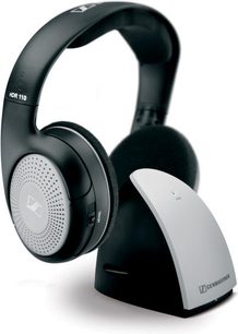 Sennheiser RS-110 II sort hovedtelefoner, trekvart venstre frontvisning, ovale ørepuder, justerbart hovedbånd, hvid opladningsbase