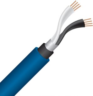 Blå plastisolerad kabel, närbild i trekvarts vinkel, avskuren ände som visar en svart inre isolering och två tvinnade ledare med vit och svart isolering samt synliga koppartrådar