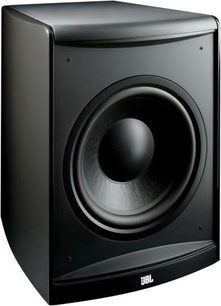 JBL LS120P sort baskabin, set forfra, kubisk form, central rund højttaler, sort gitter