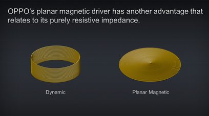 To koncentriske, flade, cirkulære spoler, den ene gylden og den anden sølvfarvet, sammenlignes under termerne "Dynamisk" og "Planar Magnetisk"