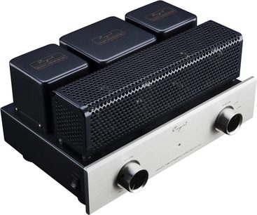 Cayin MT-12N EL84 integrert stereorørforsterker i svart og sølv metall, perforert grill som dekker rørene, tre firkantede transformatorer bak, to store knapper foran, perspektivvisning fra høyre foran