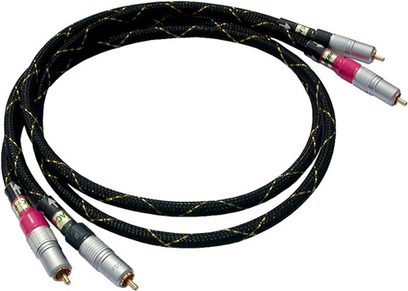 Xindak FA 1 RCA analogt lydkabel med sort flettet kappe, forgyldte RCA-stik og røde ringe i enderne, set forfra
