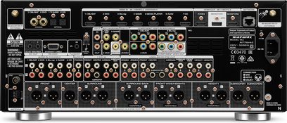 Marantz AV7702mkII sort forstærker til hjemmebio, front, forfra, mange stik og knapper, digitalt display