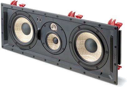 Zapuštěný reproduktor Focal 300 IWLCR6 šedý, pohled zepředu, 3 kulaté reproduktory, černá mřížka, 3 červené výškové reproduktory