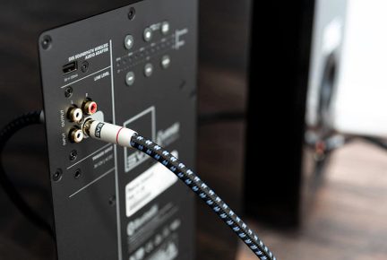 Rear panel of an audio device with RCA connectors, black and blue braided cable plugged in, various buttons and ports