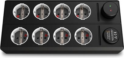 Sort strømskinne EAT Essential Audio Tools MM8, 8 Schuko-stik, 2 IEC-stik, røde indikatorlamper, rektangulært kabinet
