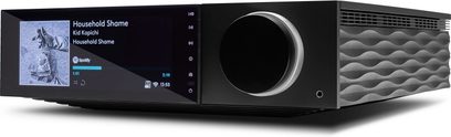 Cambridge Audio EVO 150 svart hi-fi stereoanlegg, frontvisning, skjermdisplay, knapper og ratthjul på frontpanelet, høyttalergrill
