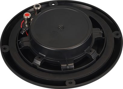 Вбудована в стелю акустична система ArtSound MDC6.2 чорного кольору, задній вигляд із червоними та чорними клемами підключення