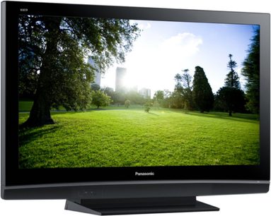 Panasonic TH-37PX81 fladskærms-TV, der viser et solrigt, grønt parkområde med træer og græsplæne, set forfra mod en sort baggrund