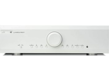 Стерео предварителен усилител Musical Fidelity M6s PRE в сребристо, с правоъгълна предна плоча, кръгъл централен бутон и 9 подредени бутона