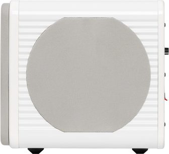Subwoofer Velodyne MicroVee X branco, vista lateral com grelha circular e pés pretos