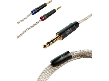 Fem Meze Audio PCUHD sølvbelagte hovedtelefonforlængerledninger med 6,35 mm jackstik, flettet, farverige, på hvid baggrund