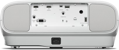 Videoproiector Epson EH-TW7100 alb, vedere frontală, conexiuni în partea din spate, 2 difuzoare integrate pe părți laterale