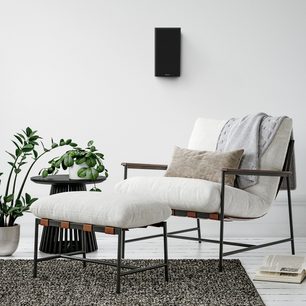 Modern minimalist salon, açık gri koltuk, koyu renk ahşap sehpa, yeşil bitkiler ve duvara monte siyah hoparlör