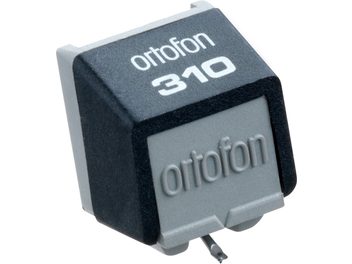 Ortofon STYLUS 310 gyémánt lemezjátszó-tű, perspektivikus nézet, fekete és szürke téglalap alakú tok, "ortofon 310" felirat fehér színnel