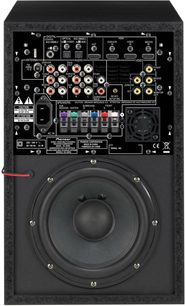 Sort Pioneer HTP-710 hjemmebiografsystem, set forfra, bestående af en AV-receiver og en basrefleksboks