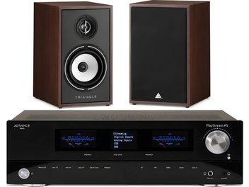 Chaîne hi-fi Advance PlayStream A5 avec enceintes Triangle compactes noyer et façade noire vue de face
