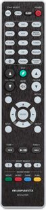 Dálkové ovládání Marantz RC042SR v černé barvě pro domácí kino, s vícebarevnými tlačítky a LCD displejem, pohled zepředu
