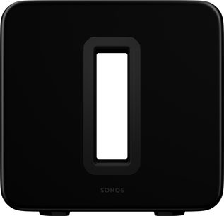 Sonos Sub (3. generacija) črni sijajni nizkotonski zvočnik, sprednji pogled, pravokotna zaobljena oblika z ovalnim osrednjim odvodom