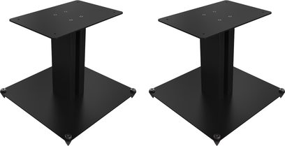 Par Klipsch KS-12 høyttalerstativer i svart metall, med firkantet base og rektangulær topplate