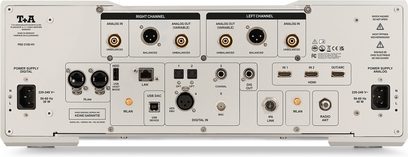 Gümüş renkli T+A PSD 3100 HV stereo ön amplifikatör, ses, HDMI, USB ve ağ bağlantılarıyla arka görünüm