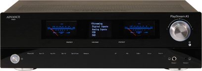 Lato anteriore di un amplificatore hi-fi stereo Advance Paris PlayStream A5 nero opaco con display, pulsanti e prese