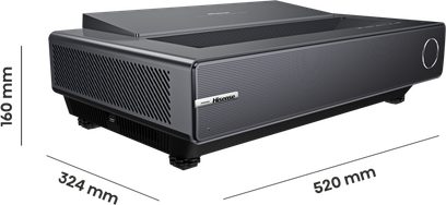 PX2-PRO sort videoprojektor, perspektivvisning, dimensioner 160 mm x 324 mm x 520 mm, perforeret frontgitter, justerbare fødder