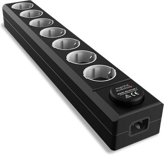 Multipresa nera EAT Essential Audio Tools MM7 con 7 prese di corrente rotonde in alluminio spazzolato, vista dall'alto