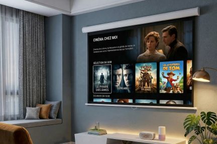 Schermo di proiezione da parete bianco srotolato in un soggiorno moderno con interfaccia di streaming visualizzata