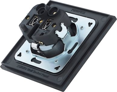 Presa a muro Schuko Furutech FT-SWS NCF Plus (R) vista posteriore, corpo nero su piastra di montaggio metallica