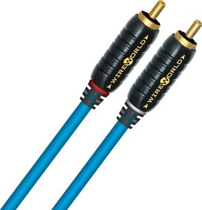 To 0,5 m Wireworld Stream (STI) RCA-kabler, forgyldte RCA-stik, blå og sort kappe, set forfra på hvid baggrund