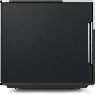 Subwoofer MartinLogan Grotto 15 v černém lakovaném provedení, pohled zepředu s velkou černou mřížkou a stříbrným bočním panelem