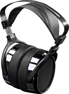 Åbent hi-fi hovedsæt Hifiman HE400i, sort og sølv. Polstret hovedbøjle, cirkulære gittrede ørepuder, flettet kabel