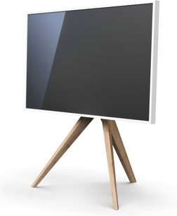 Lyst træ TV-møbel Spectral art AX med sort panel, på trefodsstativ af træ, set fra trekvartfremad