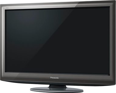 Panasonic TX-L37D25E 37-Zoll-Flachbild-LCD-Fernseher, Frontansicht, ausgeschaltet, auf dunkelgrauem Standfuß