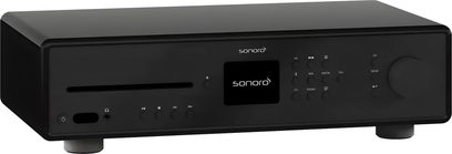 Sonoro Maestro matte black all-in-one hi-fi system, front view with CD player, display and control dial