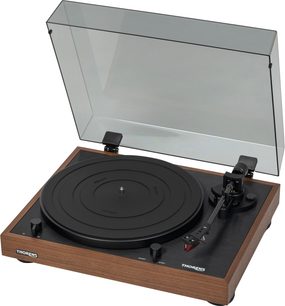 Giradischi Thorens TD 402 DD OAK 2R nero con finitura rovere, coperchio trasparente aperto, vista a tre quarti