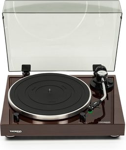 Thorens TD 204 A turntable in walnut wood, with open lid and tonearm on the record