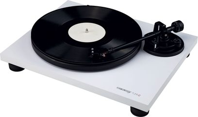 Platine vinyles hi-fi Reloop TURN2 white, finition blanc, vue de dessus, bras de lecture avec cellule, plateau noir