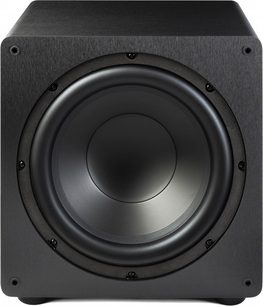 Paradigm Essentials Sub 12 subwoofer med sort rektangulært kabinet og centralt cirkulært højttalerelement omgivet af skruer
