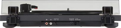 Forsiden af den sorte TEAC TN-180BT pladespiller med tonarm, pladespiller, knapper og stik på bagsiden