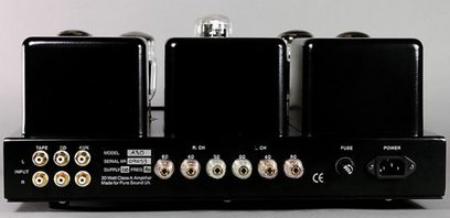 Puresound A30 sort hi-fi rørforstærker, bagside, RCA-stik og højttalertilslutninger, impedansomskifter, sikring, strømstik