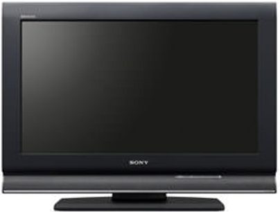 Fladskærms-TV fra Sony KDL-19L4000 med rektangulær sort skærm, set forfra, slukket, på ensfarvet grå baggrund
