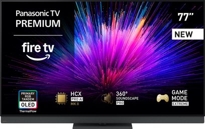 Televisor Panasonic TV-77Z95B negro, marco de plástico fino y base central metálica, pantalla plana OLED de 77 pulgadas, vista frontal