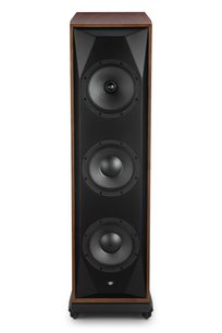 Підлогова акустична колонка Mofi Electronics SourcePoint 888 горіх, вигляд спереду, корпус горіхового кольору та чорна фронтальна панель із трьома динаміками