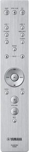 Sort Yamaha A-S1200 hi-fi stereoforstærker, frontpanel med knapper, drejeknapper og stik, forfra set på ensfarvet grå baggrund