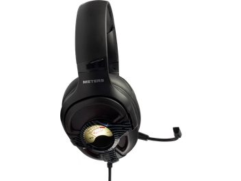 Cască gaming Meters Level Up neagră, bandă de susținere căptușită, cupe cu grilaj perforat, vumetru integrat, microfon flexibil