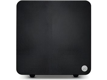 Cambridge Audio MSX Sub 200 -bassokaiutin mustana, etunäkymä tekstiiliritilällä ja pyöristetyillä kulmilla