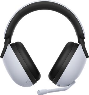 Sony Inzone H9 gamingheadset van glad wit en zwart plastic met gevoerde oorkussens, gewatteerde hoofdband en draaibare microfoonarm, vooraanzicht