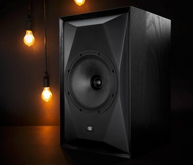 Zwarte hifi-luidspreker in hout, grote frontale woofer, driekwart aanzicht op donkere achtergrond